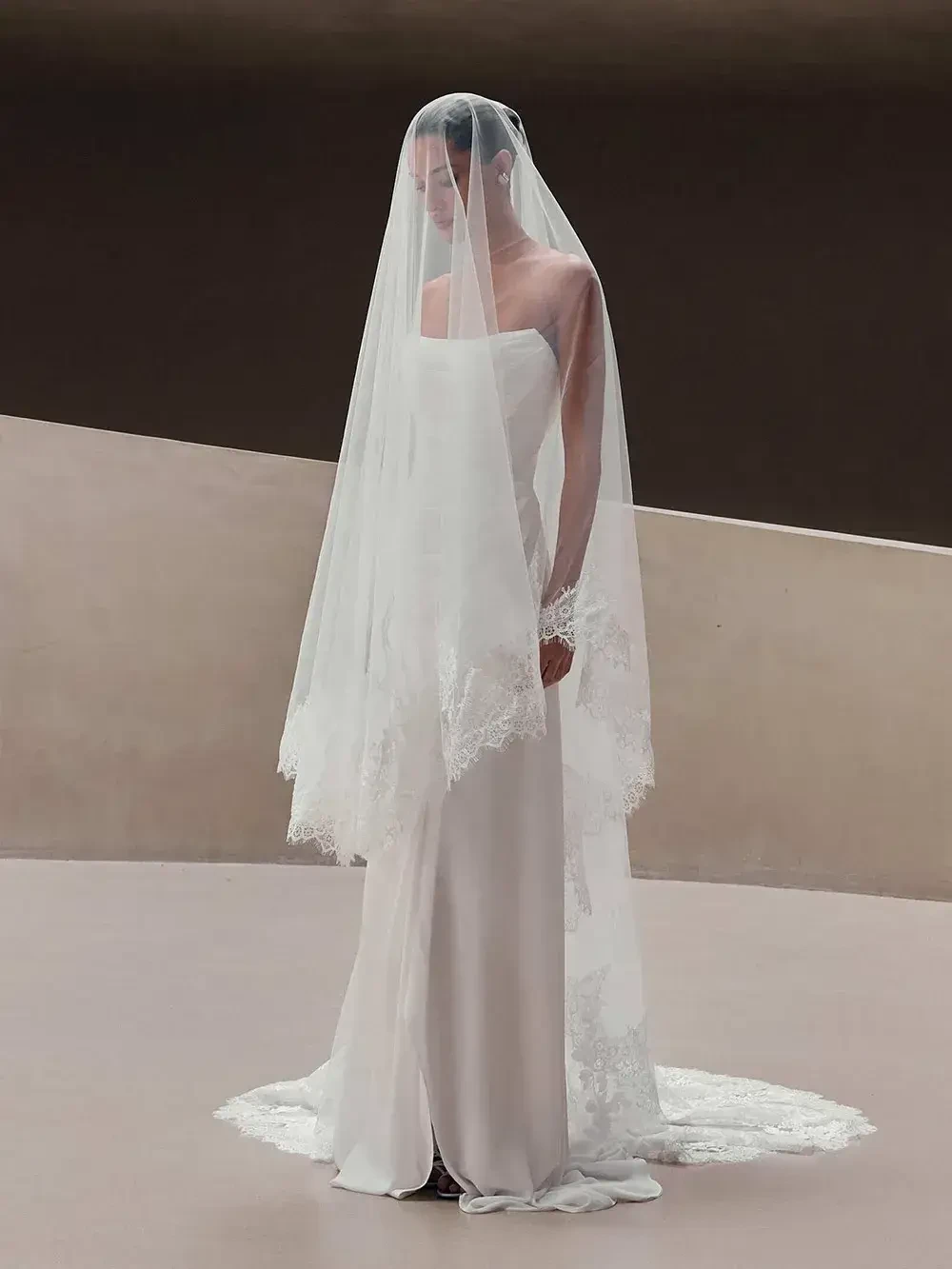 A woman wearing a strapless wedding dress with a long veil.