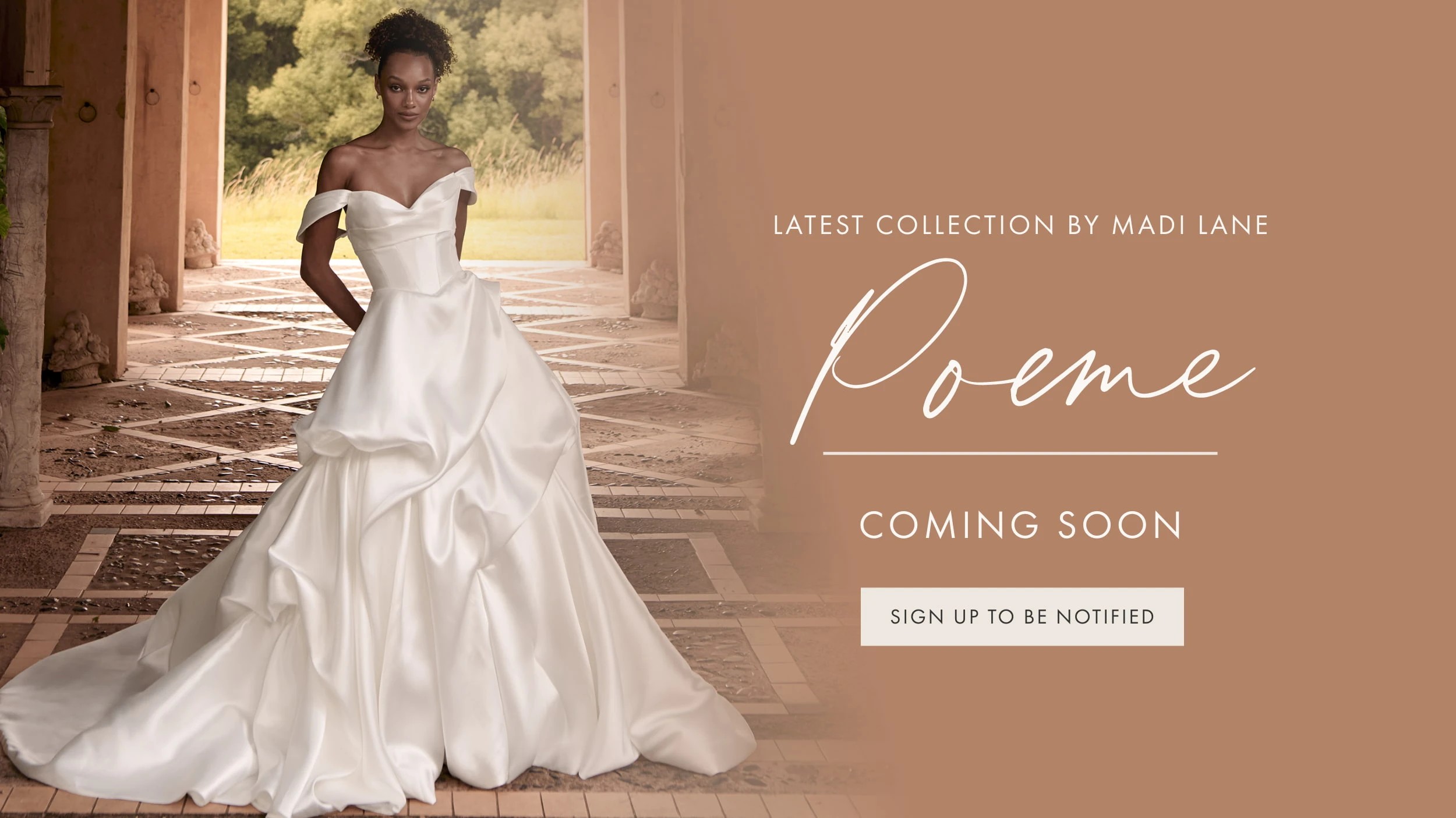 Model wearing Madi Lane gown, Poeme coming soon desktop banner