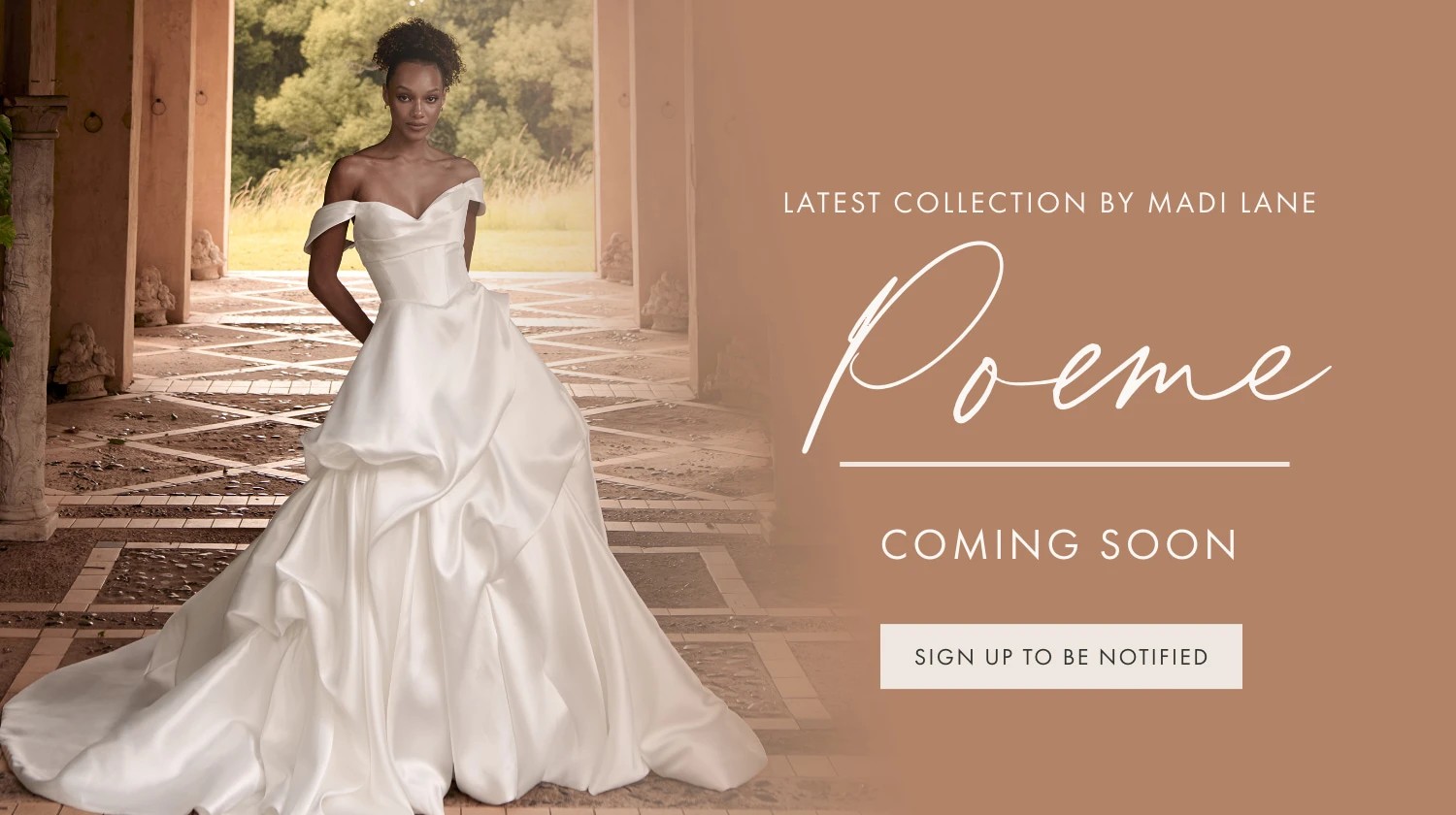 Model wearing Madi Lane gown, Poeme coming soon mobile banner